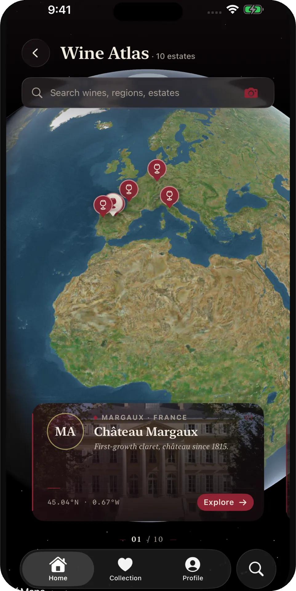 The Wine Atlas screen: a 3D globe of Europe with wine-glass pins, and a Château Margaux card at the bottom.