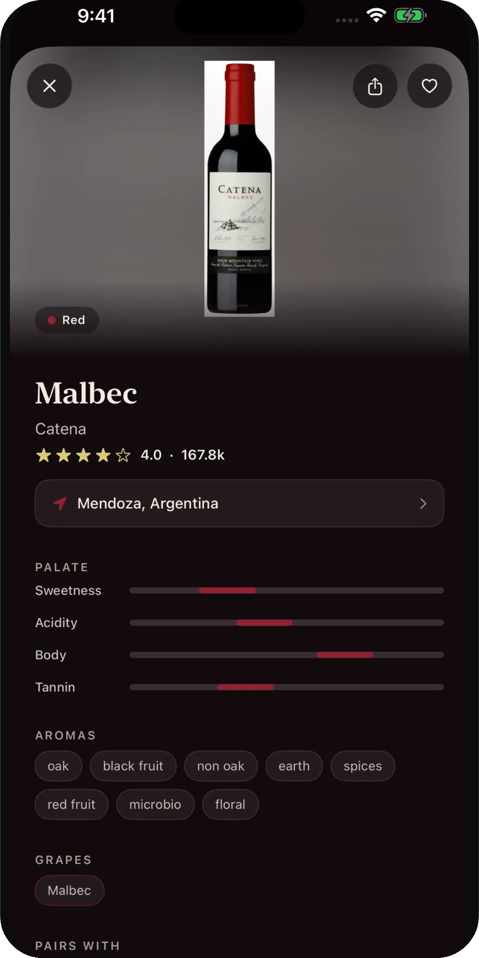 The Aboutwine wine detail screen for a Catena Malbec from Mendoza, showing palate gauges for sweetness, acidity, body and tannin, plus aromas and grapes.