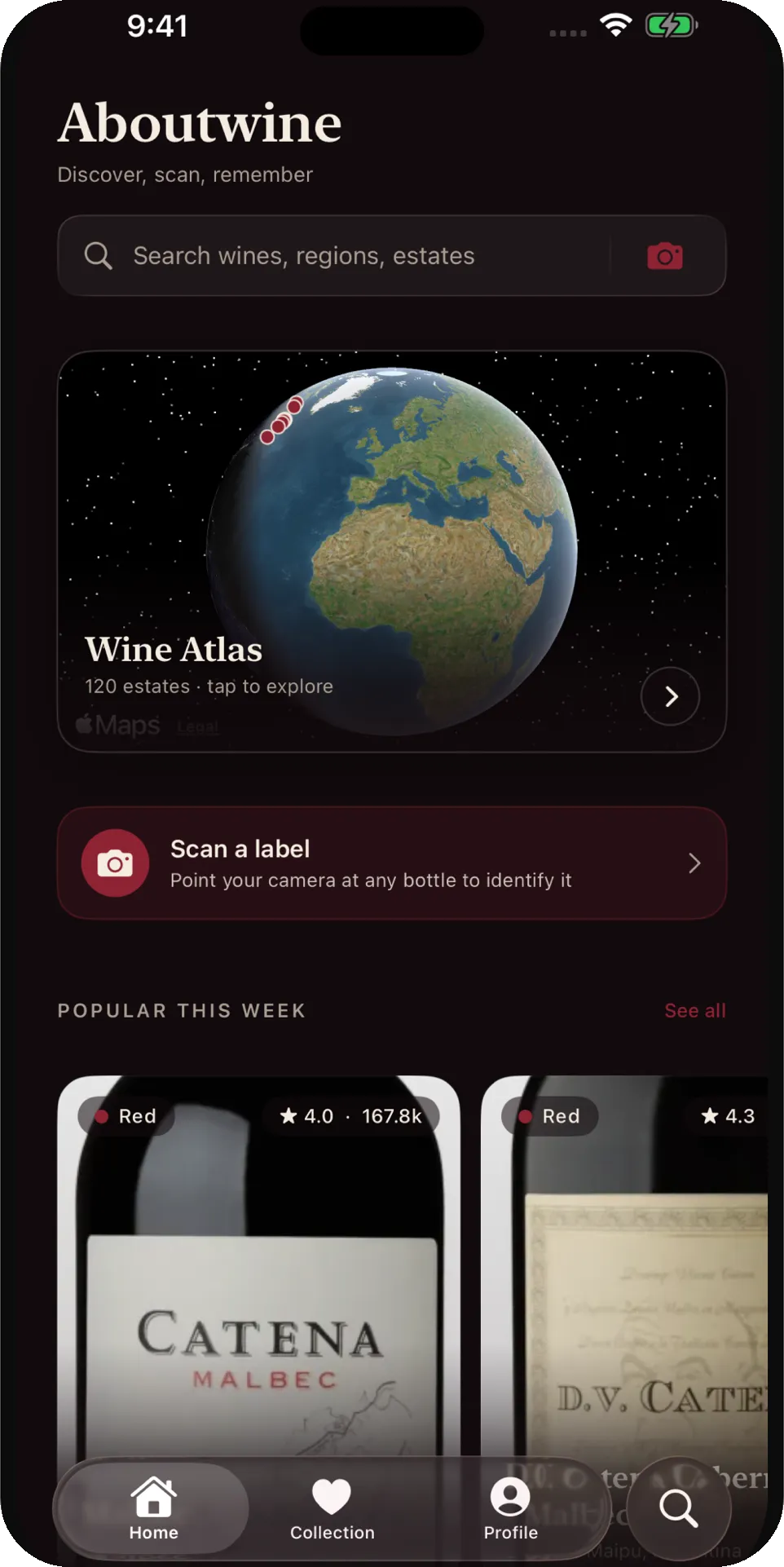 Aboutwine home screen with a search bar, the Wine Atlas globe card, a “Scan a label” banner and a popular-this-week row.