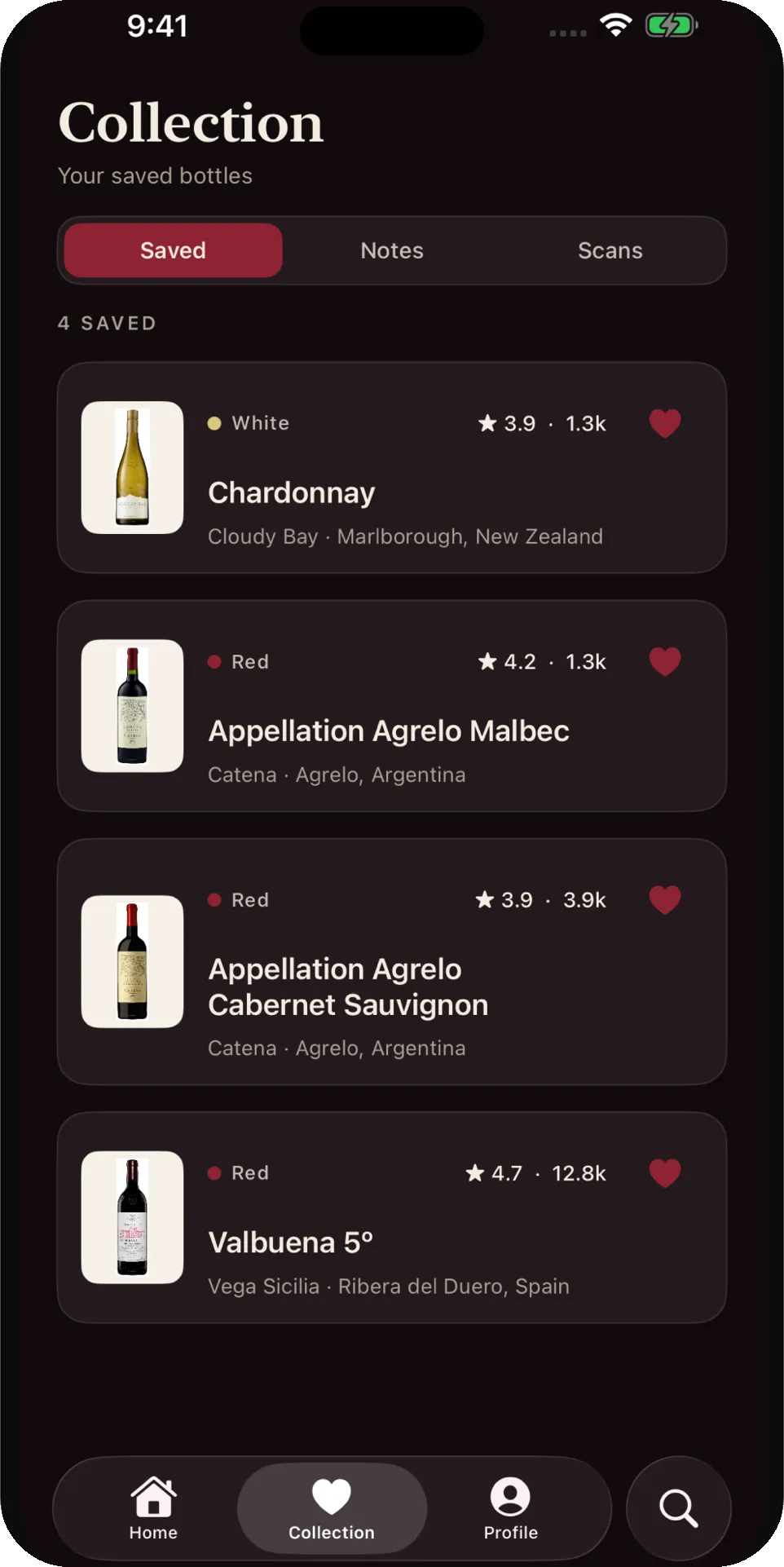 The Collection screen listing saved bottles with ratings and hearts, plus tabs for Saved, Notes and Scans.