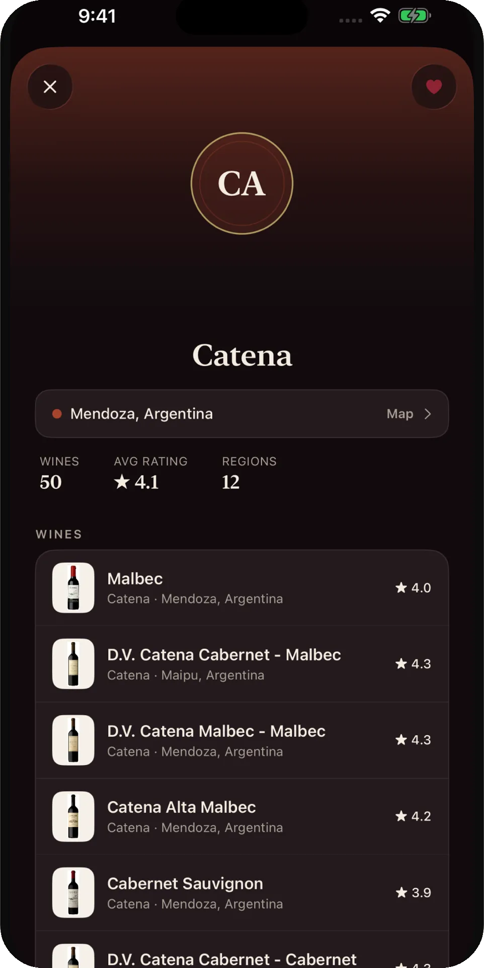 A winery detail screen for Catena in Mendoza, Argentina, showing wine count, average rating, regions and its wines.