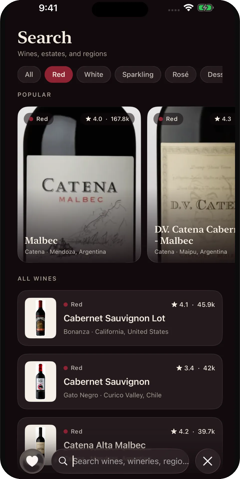 Aboutwine search screen with type filters and a list of wines showing ratings, producers and regions.
